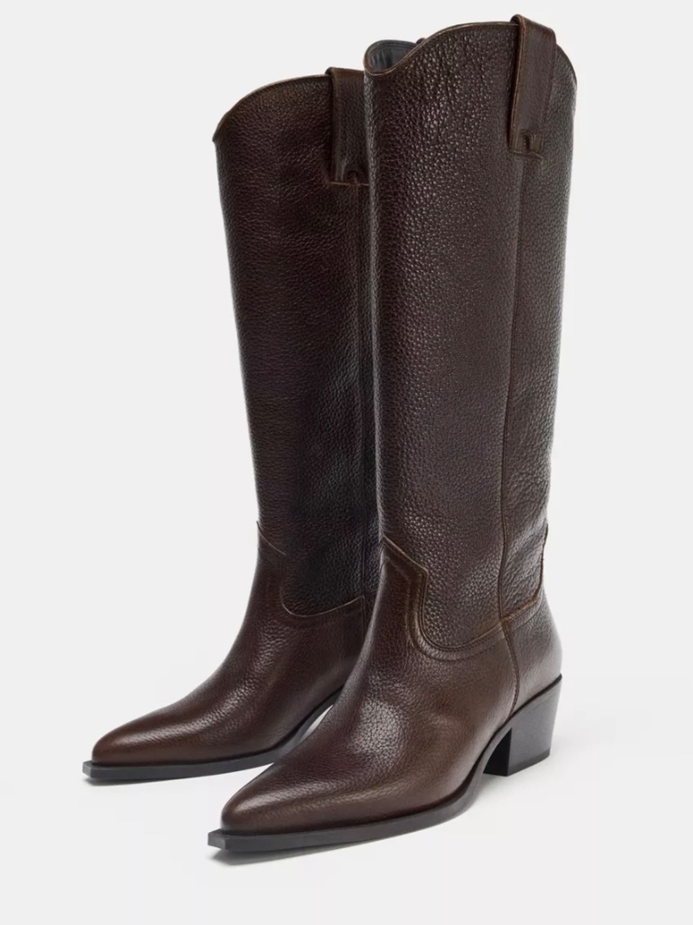 Zara Leather Hight Boots Textured Brown Mid Heel Pointed Toe Pull On Size: 6 1/2 - Picture 2 of 16